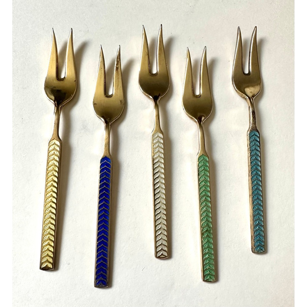 Vintage‎ Meka Sterling Silver & Enamel Denmark Cocktail Forks (5)